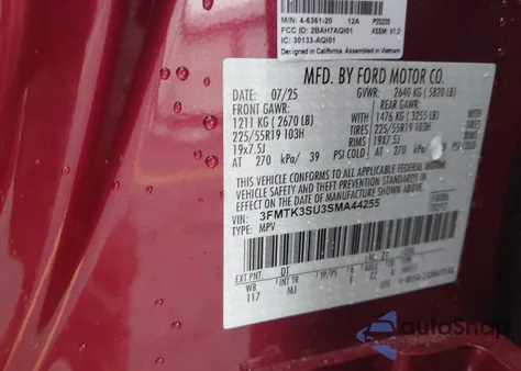 2025 Ford Mustang Mach-E Premium z USA, uszkodzony, nr VIN 3FMTK3SU3SMA44255